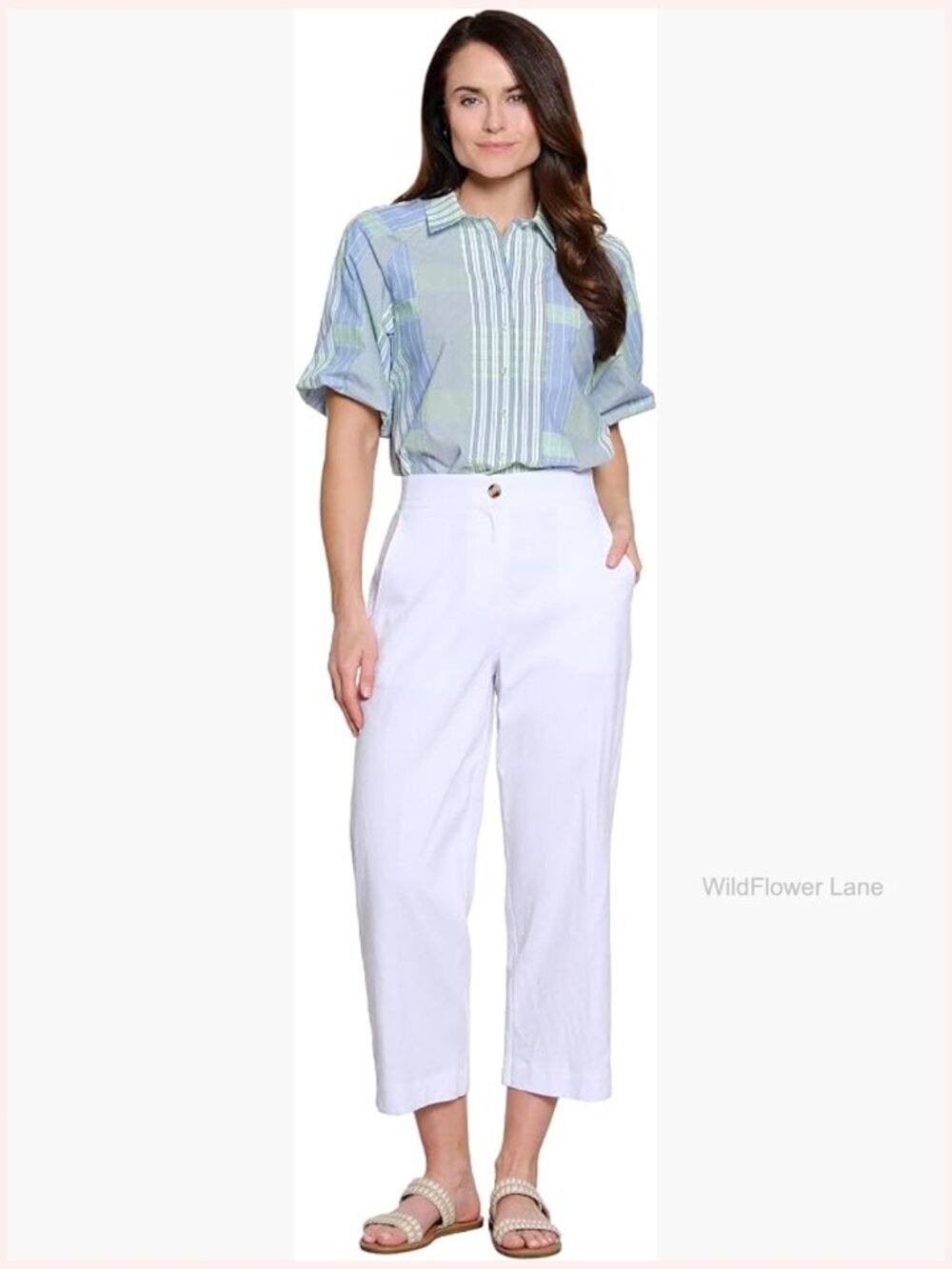 Woven Yarn Dye Button Front Blouse Elbow Sleeve Point Collar